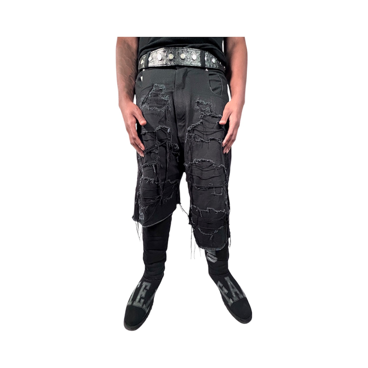 Black Asymmetric Distressed Shorts